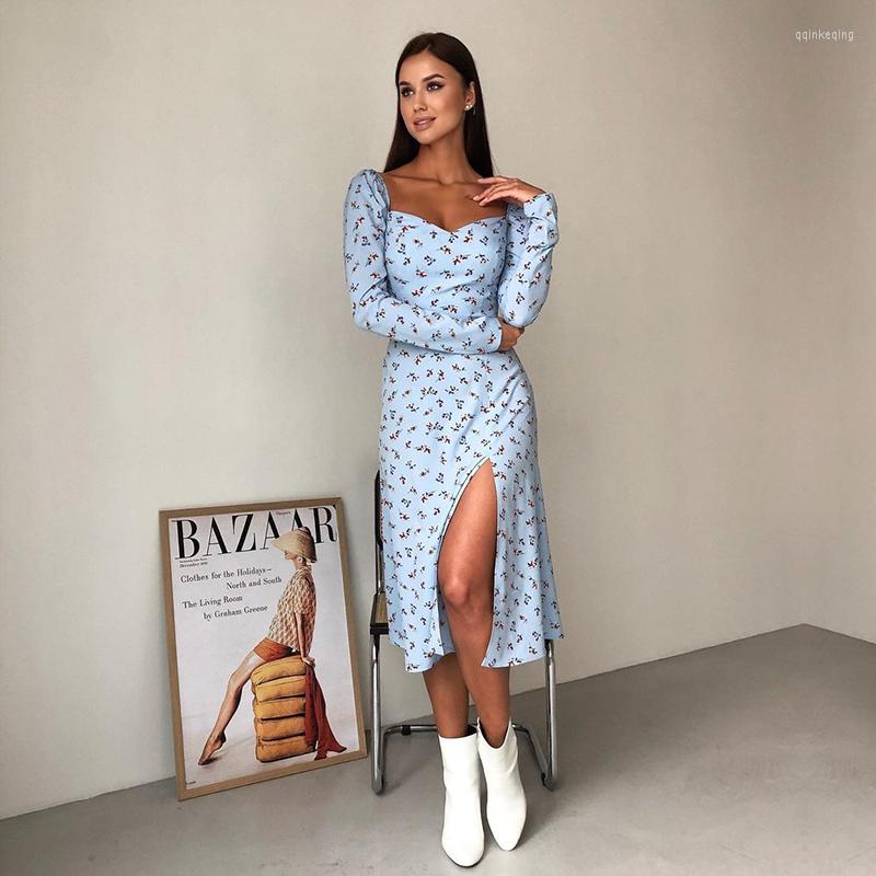 

Casual Dresses 2023 Women Spring Autumn Square Collar Long Sleeve Printed Split Dress For Laides All Match A Line Floral, Blue