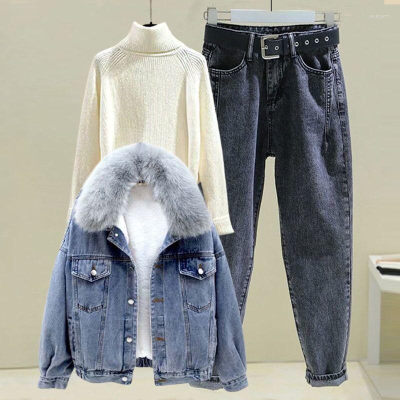 

Women' Two Piece Pants Women Suit Female Long Sleeve Turtleneck Denim Sweatshirt And Elastic Waist Harem Pant Sets Ladies Three Pieces G406, Black