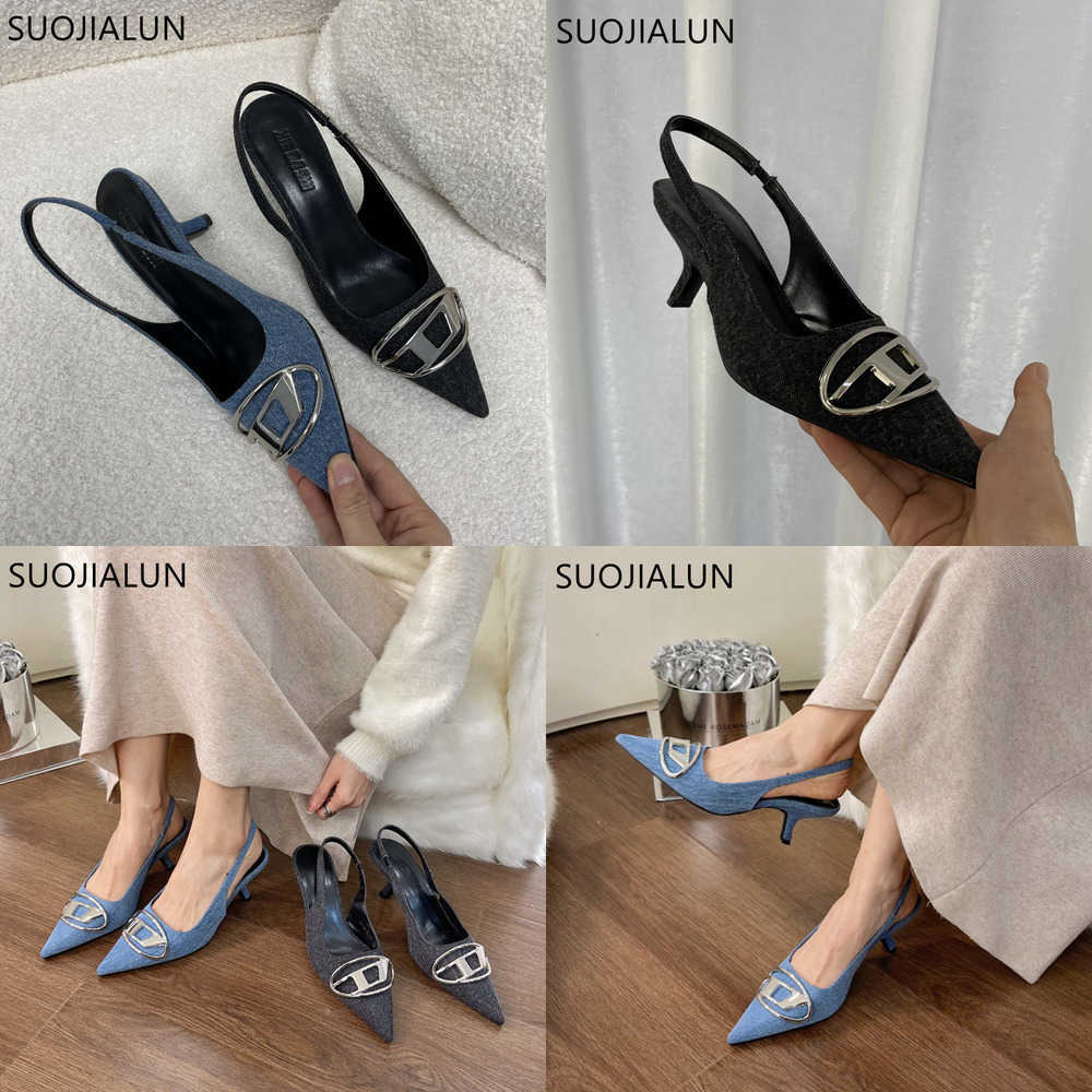 

Sandals Spring New Brand Woman Slingback Shoes Fashion Matal Buckle Ladies Elegant Med Heel Pointed Toe Slip on Sandal Mules 230316, Black 1