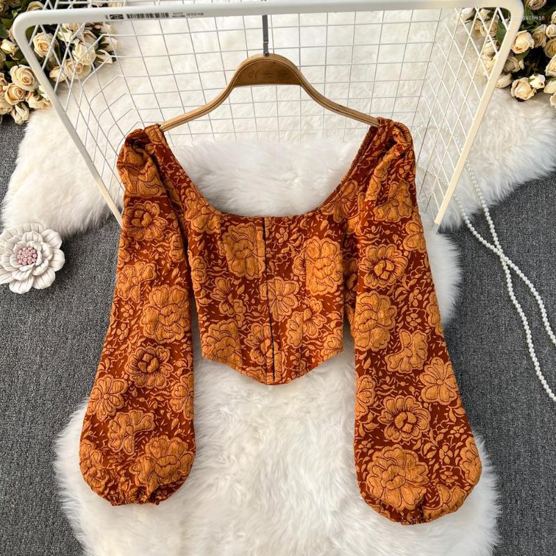 

Women's Blouses Crop Top Female Vintage Court Style Square Collar Lantern Sleeve Zipper Waist Jacquard Shirt Women's Short Tops Spring, Orange blouse