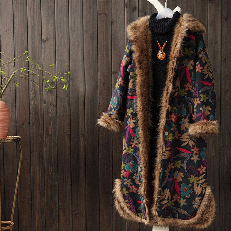 

Leather Folk Style Women Winter Overcoat Fur Collar Hooded Loose Vintage Thicken Cotton Padded Clothing Oversized Warm Long Coat M1623, Leaves