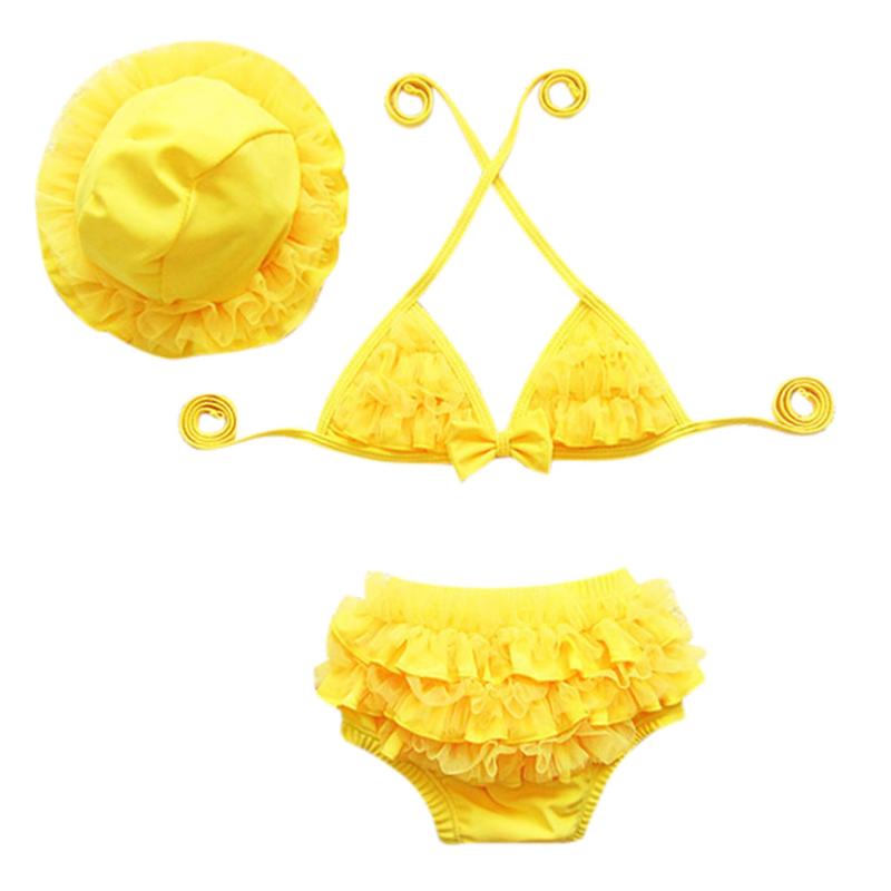 

One Pieces 0-5 Years Summer Cute Baby Bikini Swimsuit Set Kids Girl Ruffle Swimwear Bathing Suit Three-piece Hat, Blue