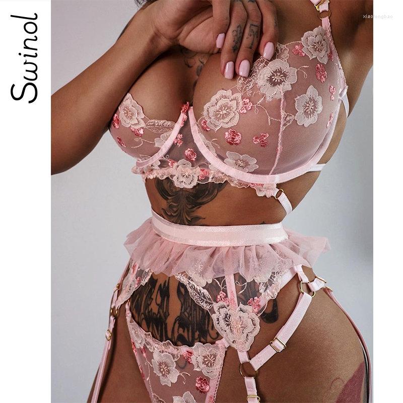 

Bras Sets Swinol 3 Piece Push Up Underwire Bra And Panty Erotic Lingerie Sexy Lace Sensual Underwear Set Floral Transparent Brief, Pink