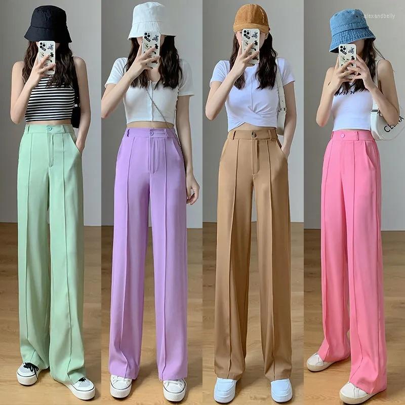 

Women's Pants Summer Fashion Office Wear Side Pockets Straight Women Vintage High Waist Ice Silk Zipper Female Trousers Lady, A longer style