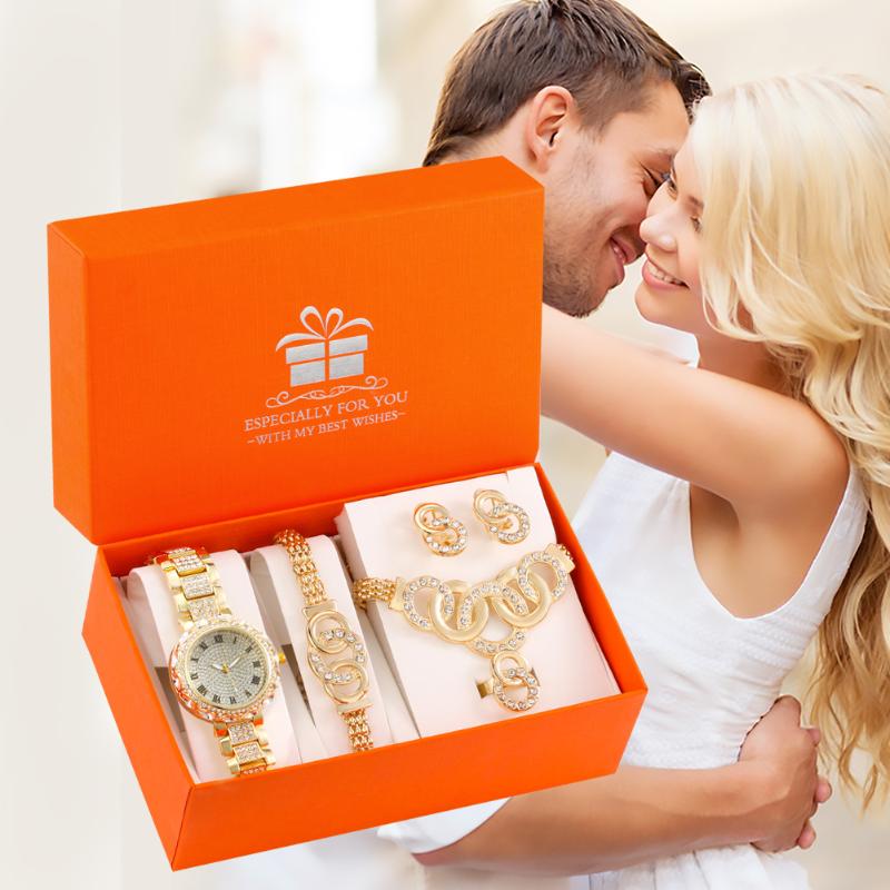 

Wristwatches Woman Watch Set 2023 Crystal Jewelry Sets For Girlfriend Gifts Women Quartz Watches Necklace Long Earrings, Gold set