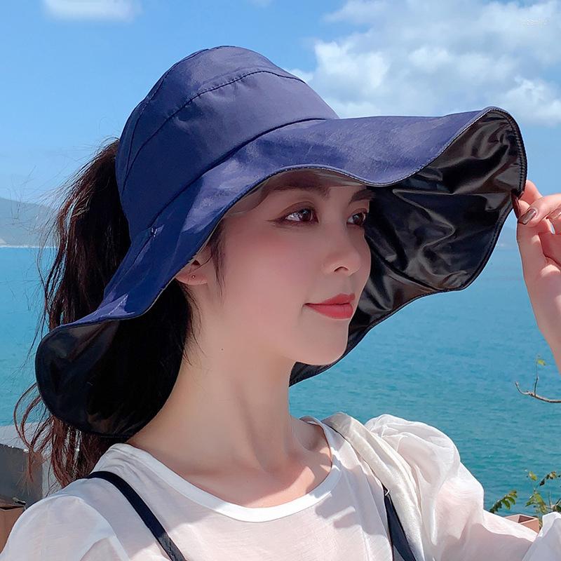 

Wide Brim Hats Summer Women Bucket Hat 13cm Large Beach Sun Bownot Breathable Empty Top Cap Solid Color Outdoor Hiking Fishing Panama, Black