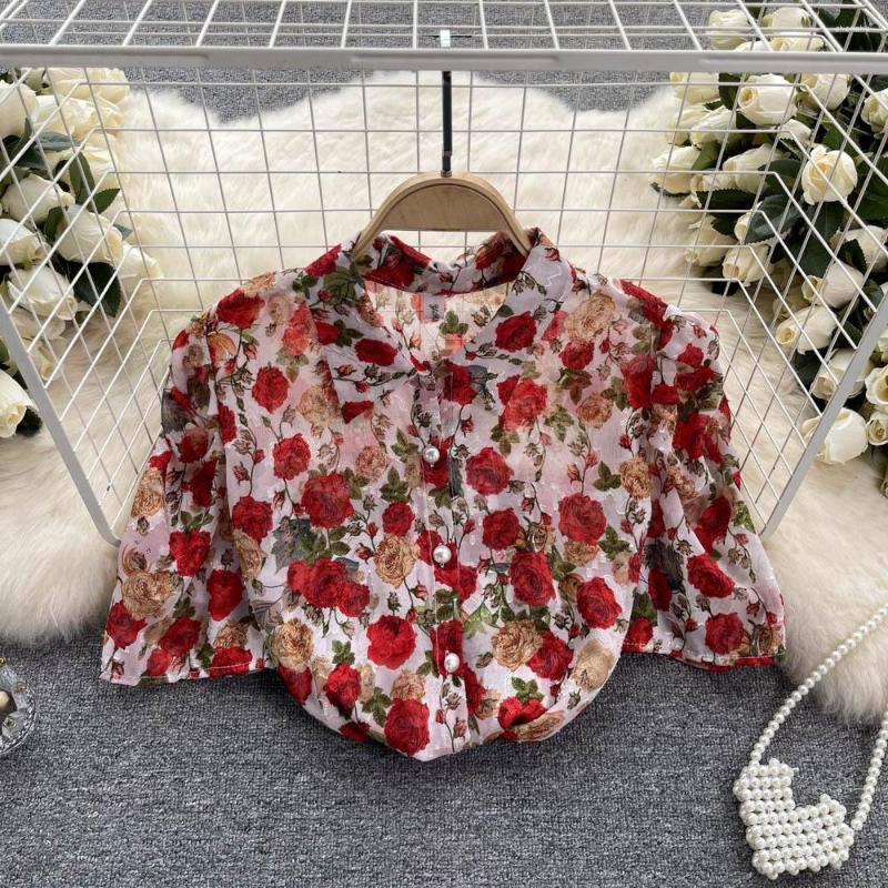 

Women's Blouses Summer French Retro Niche Floral Short Sleeved Shirt Loose And Chic Top, Pink