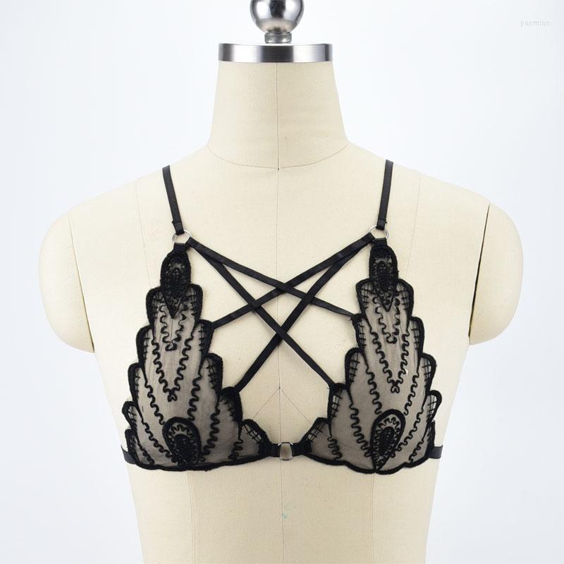 

Garters Black Lace Body Harness Bondage Gothic Lingerie Dance Costumes Adjustable Belt Bra Open Chest Cage Wedding Clothes, O0486