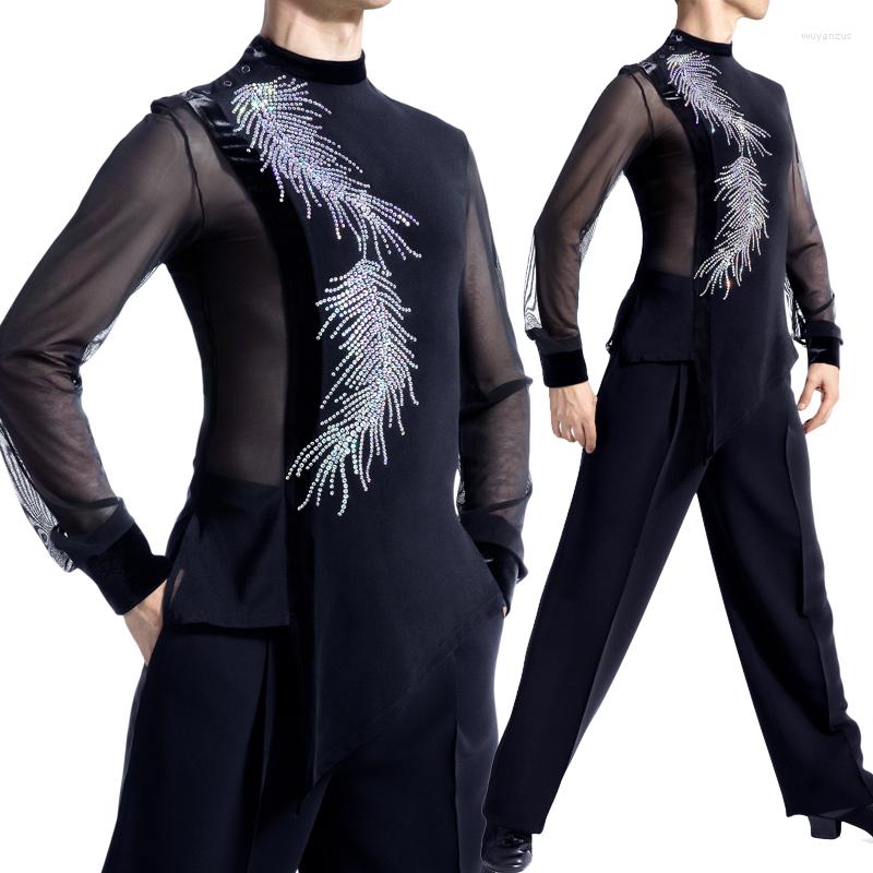

Stage Wear Latin Dance Top For Men Phoenix Wing Pattern Crystal Samba Dress Practice Shirt Professional Competition Clothing DNV13908, Black