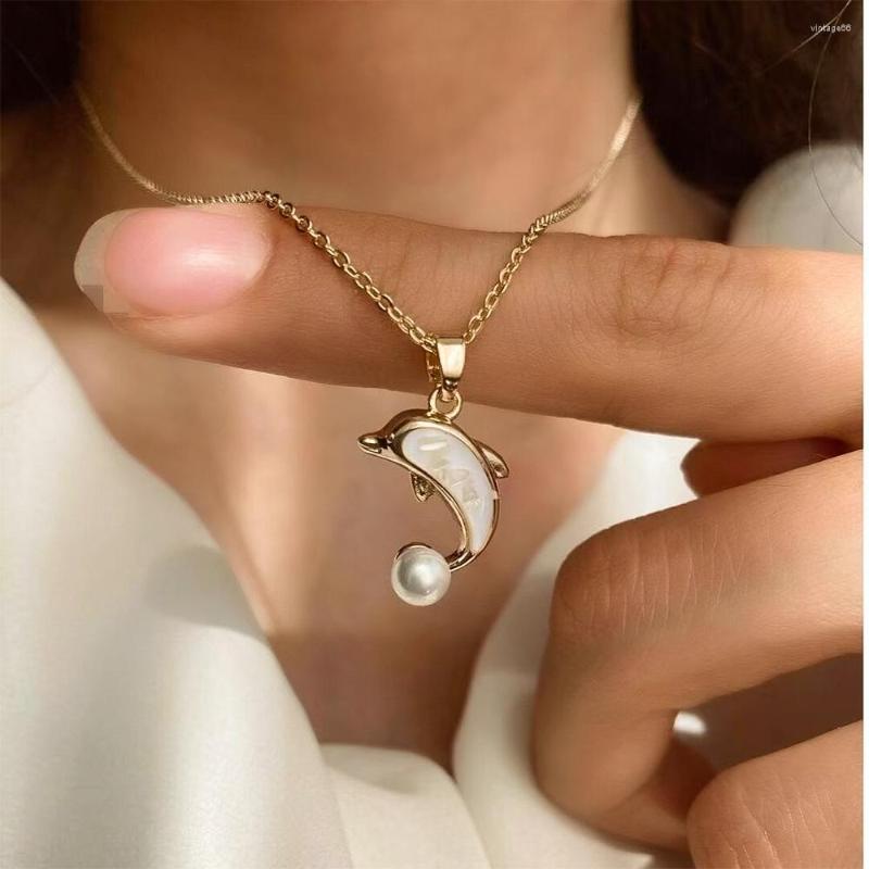 

Chains Gold Color Pearl Dolphin Pendant Necklace Long Alloy Chain Choker For Girl Women Birthday Christmas Gift