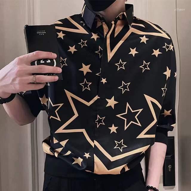 

Men's Casual Shirts Half Sleeve Male Shirt Club Party Vintage Star Pattern Camisa Social Masculina Contrast Color Matching Men, White