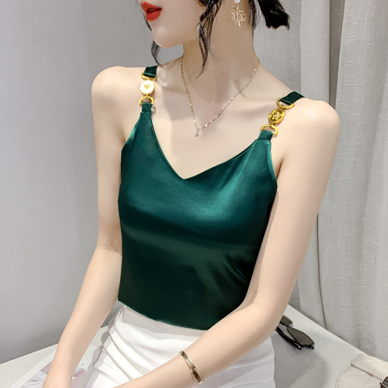 

Camisoles Tanks New Cami Top V-neck Solid Fashion Sleeveless Top Summer Womens Temperament Elegant Office Lady Backless Top Silk Spaghetti Camis 230420, White