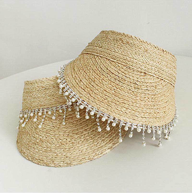 

Ball Caps 202304-wen Ins Drop Shade Summer Natural Raffia Grass Without Drill Pearl Chain Lady Sunshade Hat Woman Visors Cap