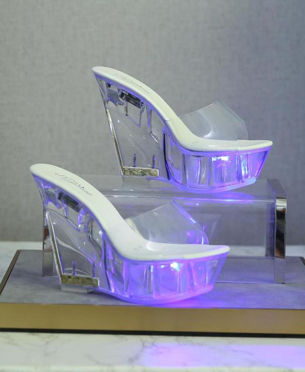 

Ladies Trend 10CM Wedge High Heels Nightclub Luminous Sandals Transparent Sole Catwalk Pole Dance Shoes Women LED Light Slippers6073902, Grey