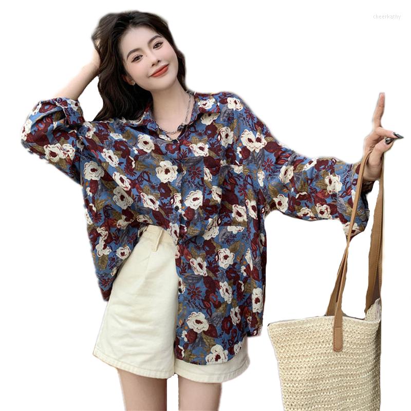 

Women's Blouses Vintage Flower Print Long Sleeve Shirt 2023 Spring Summer Chic Loose Casual All-Match Street Fashion Clothes, 20 pink