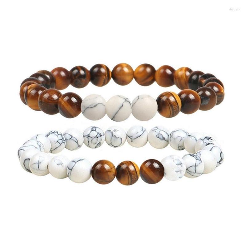

Strand 2 Pcs Handmade Weave White Howlite Round Beads Stretchy Bracelet Tiger Eye Stone For Couple Gift Jewelry