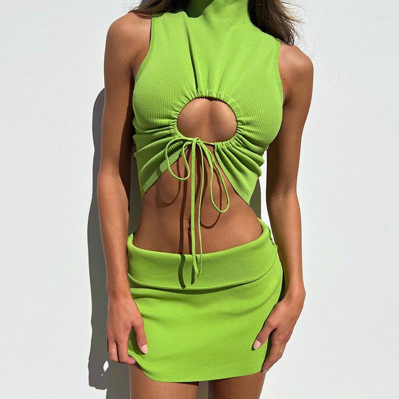 

Two Piece Dress Green Set Women Sexy Ruched Lace Up Hollow Out Sleeveless Mini American Beach Summer 2023 Skirt Sets