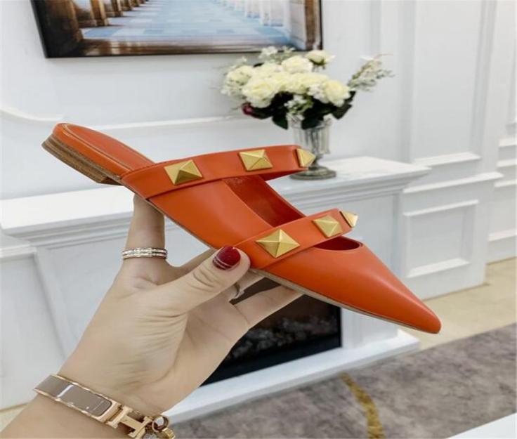 

Fashion women039s rivet slippers Casual flats base sandals Top quality leather shoe female comfortable Pointed toes slipper LET1465871, Fuchsia