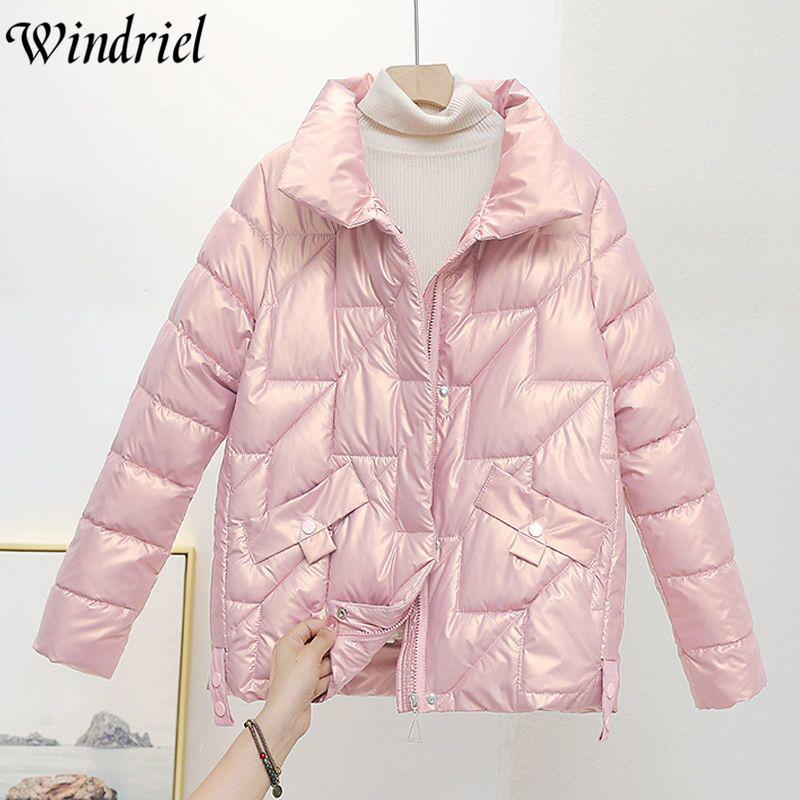 

Leather Parkas Women S4XL Students Fashion Glossy Waterproof Snow Wear Warm Jackets Cotton Padded Coats Jaqueta Feminina Windriel, Beige