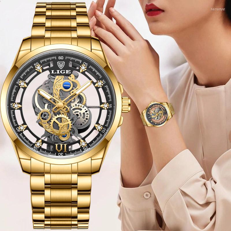 

Wristwatches LIGE Creative Women Watch Fashion Skeleton Design Hollow Quartz Top Waterproof Gift, Leather silver black