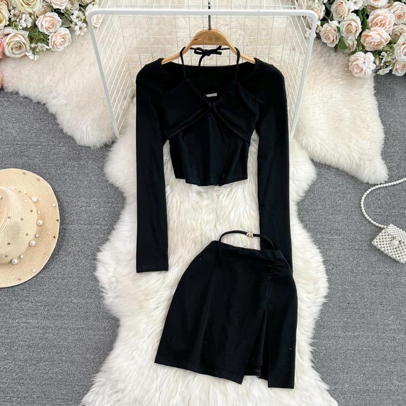 

Work Dresses Fashion Black Suits Fake Two Pieces Halter Long Sleeve Slim Tops And High Waist Mini Skirts 2Pcs Set Solid Chic Women Clothes