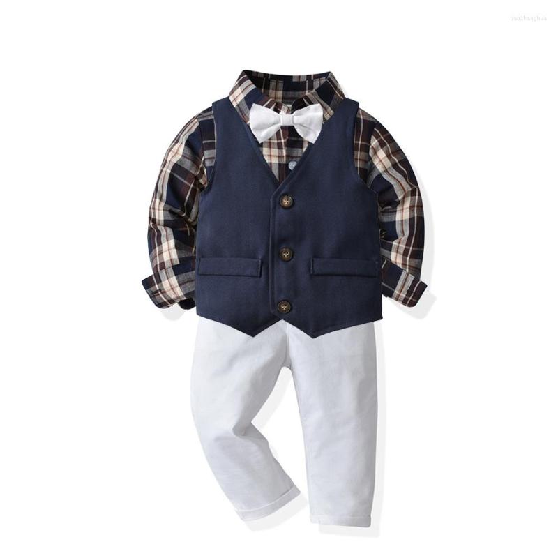 

Clothing Sets Baby Boy Gentleman Clothes Set Autumn Suit For Toddler Plaid Shirt With Bow Tie Vest Pants Formal Infant Kids Outfits