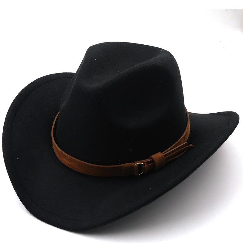 

Berets Western Cowboy Fedora Hat With Brown Belt Autumn Women Men Wool Felt Hats Wide Brim Sun Shade Top Sombreros De Mujer, 03 camel
