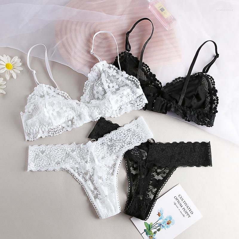 

Bras Sets Women Sexy Lace Hollow Bra Suit Seamless Transparent Wire Free Thin G String Panty Lingerie Set Unlined Bralette, Black