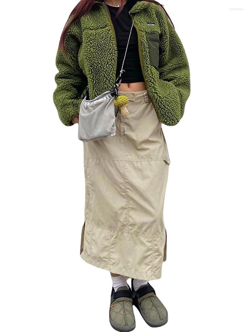 

Skirts Women Y2K Long Cargo Skirt Vintage Low Rise Drawstring Pleated Shirred Midi With Pockets 90s E-Girls Harajuku Gothic, Khaki
