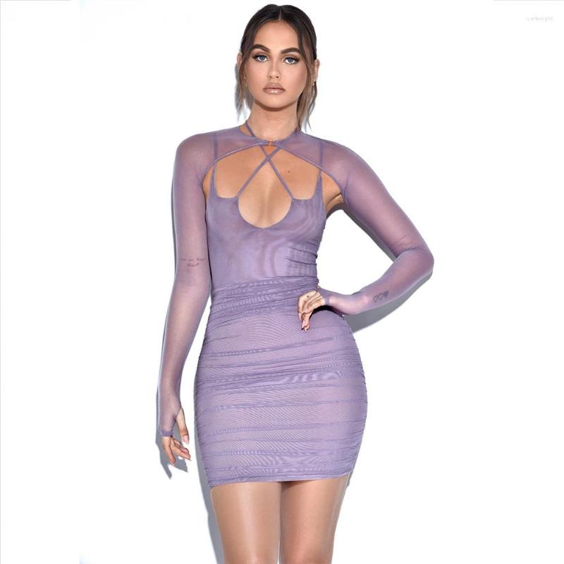 

Casual Dresses Close Fitting Mesh Deep Neck Women Slim Bodycon Long Sleeves Club Sxy Mini Dress, Black