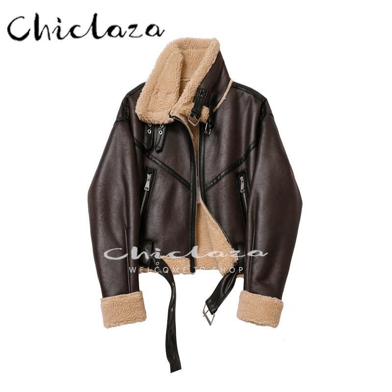 

Jackets CHICLAZA 2022 Winter Women Short With Belt Warm Leather Jacket Coat Female Casual Long Sleeve Lamb Wool Thick biker Outwear, Brown