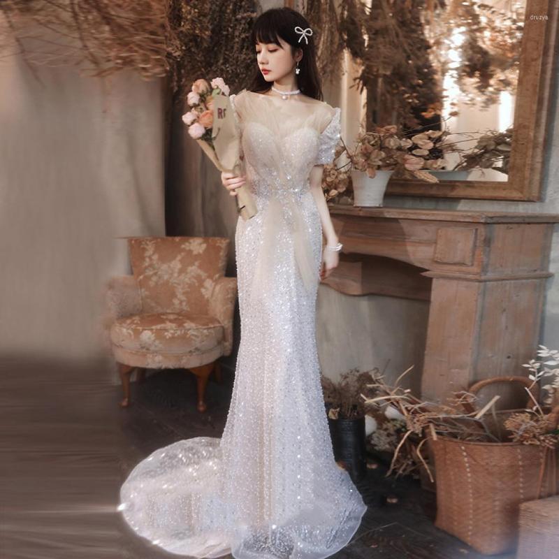 

Runway Dresses Luxury Light Champagne Celebrity Chapel Train Glitter Shiny Mermaid Sequin Applique Prom Customize Graceful Evening Gown, Picture color