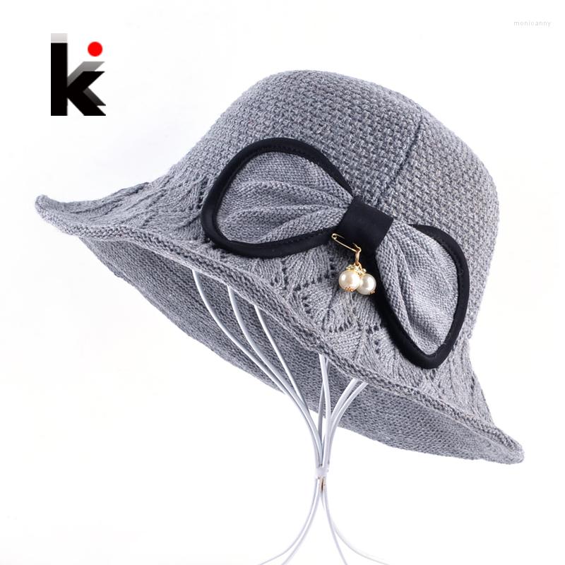 

Wide Brim Hats Women's Sun Cap For Autumn Winter Knitted Wool Bow-Knot Pearl Floppy Ladies Headdress Knitting Wollen Visor Caps Female, Red
