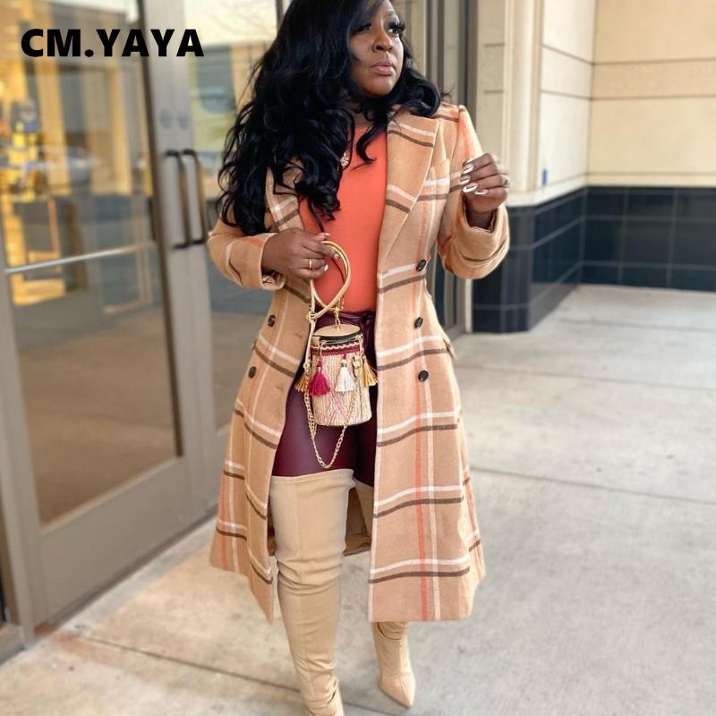 

Fur CM.YAYA Women Long Wool Blends Plaid Hollow Out Loose Straight Double Breasted Coats for Ladies Fashion Streetwear Autumn Winter, Plaid-3