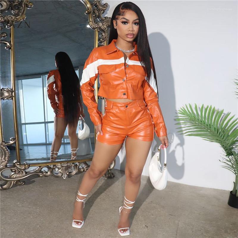 

Women' Tracksuits VAZN 2023 INS Leather Set High-end Short&shirt Young Casual Sweet Full Sleeve Cloth Short Pants Slim Women 2 Piece, Black