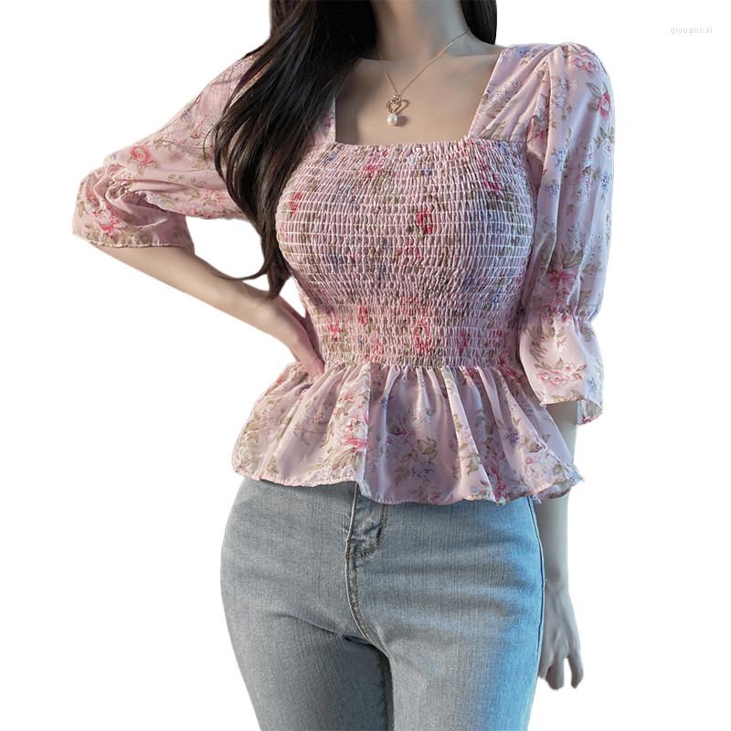 

Women's T Shirts Female Pullover Flower Print Square Neck Flare Sleeve Ruffle Tops Casual Blouse For Spring Summer Pink