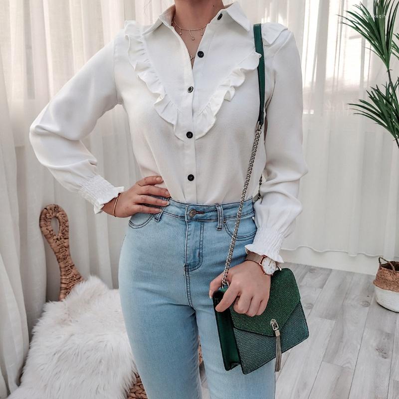

Women' Blouses Fall Winter Women Stand Collar Solid Color Long Sleeve Ruffled Shirt Tops For Ladies Fashion All Match, White