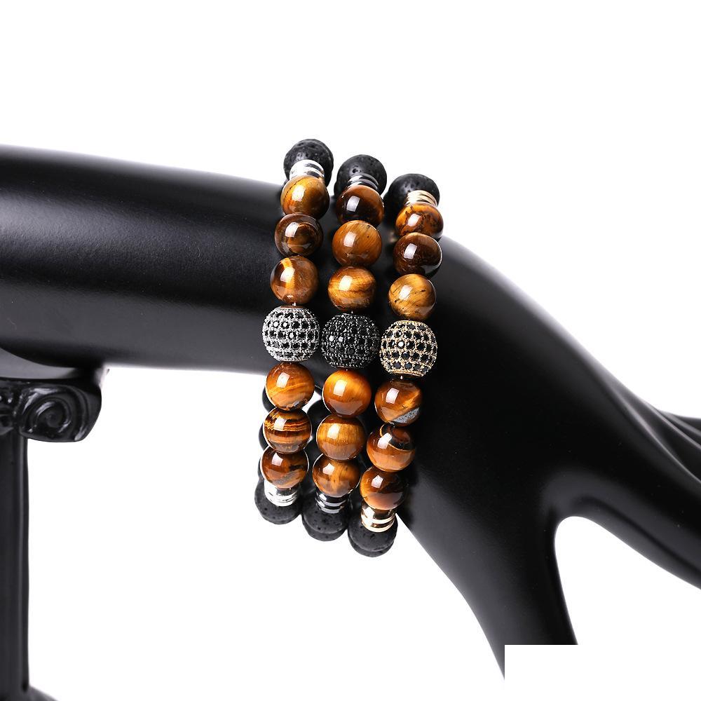 

Charm Bracelets Cubic Zircon Ball Hand Jewelry Tiger Eye Lava Stone Bead Bracelet Elastic Stretch Men Drop Delivery Dhbgp
