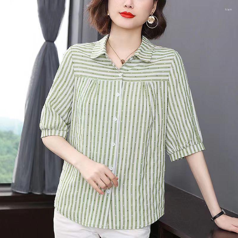 

Women's Blouses Summer Elegant Shirt Women Cotton Linen Top Female Short Sleeve Oversize Ladies Striped Classic Shirts Blouse G203, Green
