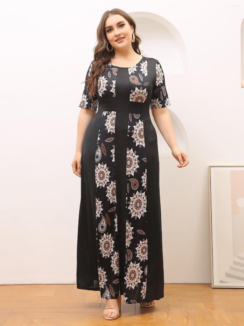 

Plus Size Dresses Summer Women Fashion Print A-line Long Dress Casual Short Sleeve Temperament Commute Ladies 2023, Black