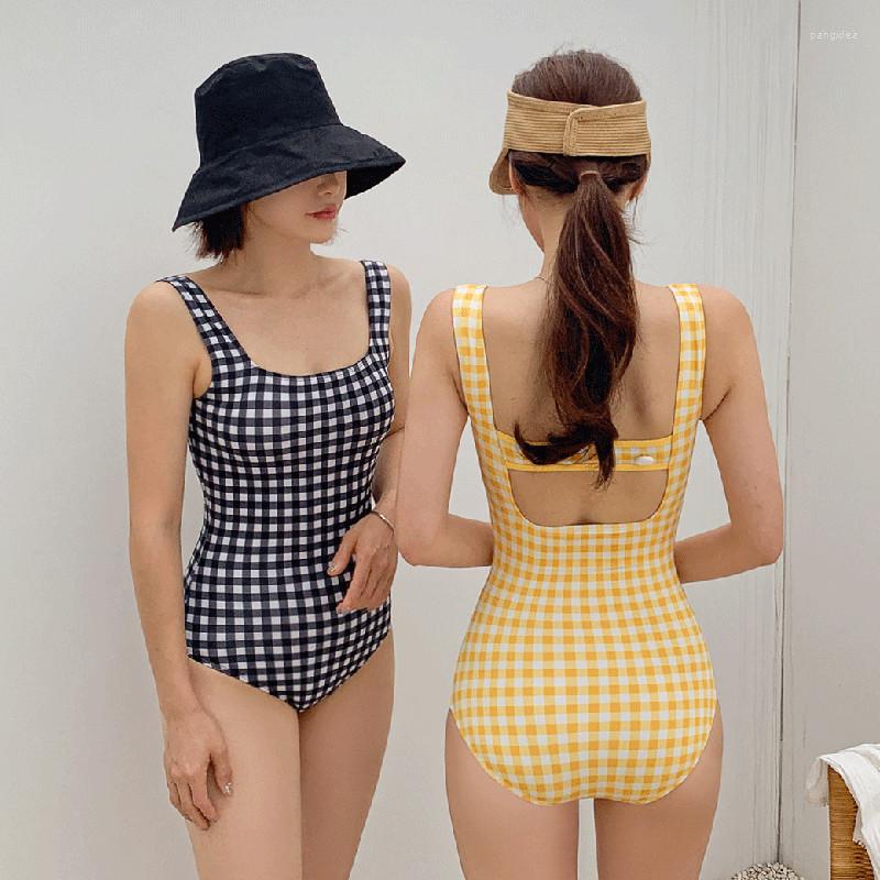 

Women's Swimwear Plaid Triangle Swimsuit Female Sexy Thin Cover Belly Small Chest Gathered Spring Swimming Suit, Yellow