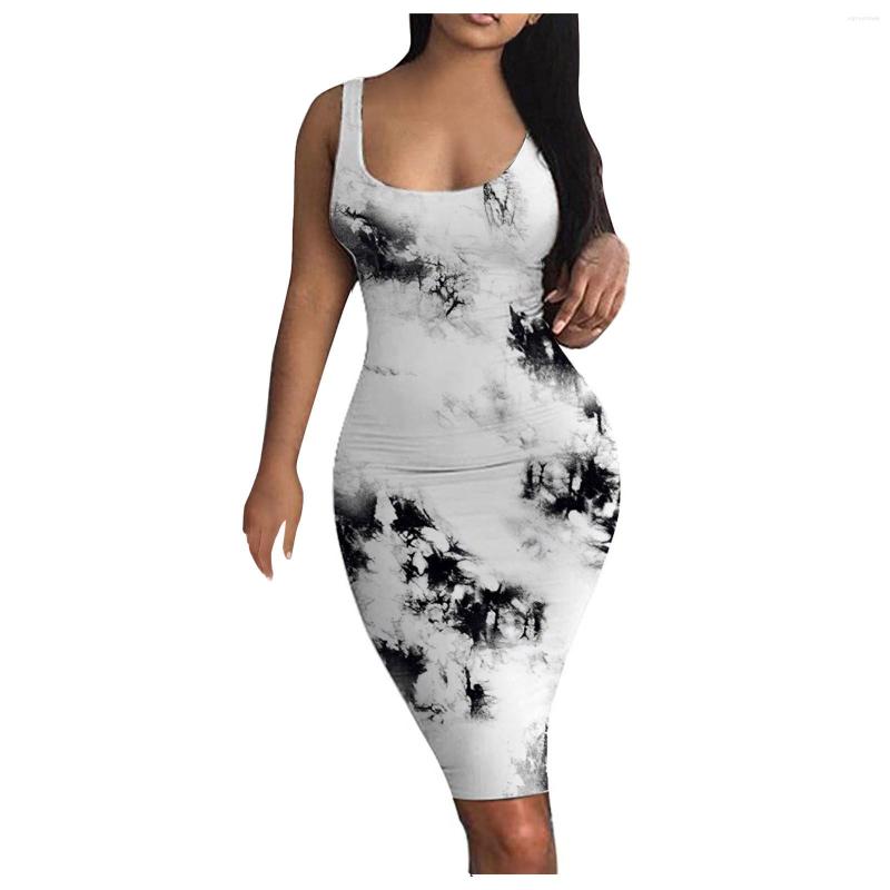 

Casual Dresses Sexy Skinny Party Club Midi Dress Women Tie-dye Print Tank Sleeveless Basic Bodycon For Summer Vestidos, Black
