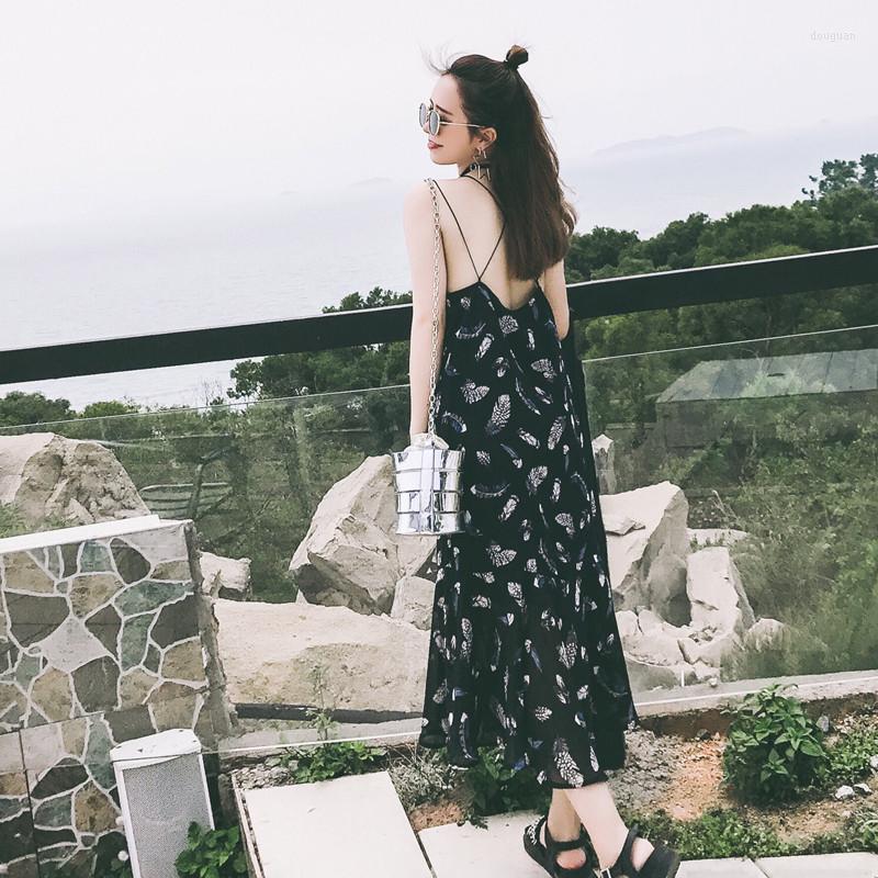 

Casual Dresses Leaves Floral Printing Chiffon Long Dress Sexy Backless Vocation Beach Plus Size Boho Style Women Summer Vestidos, Black