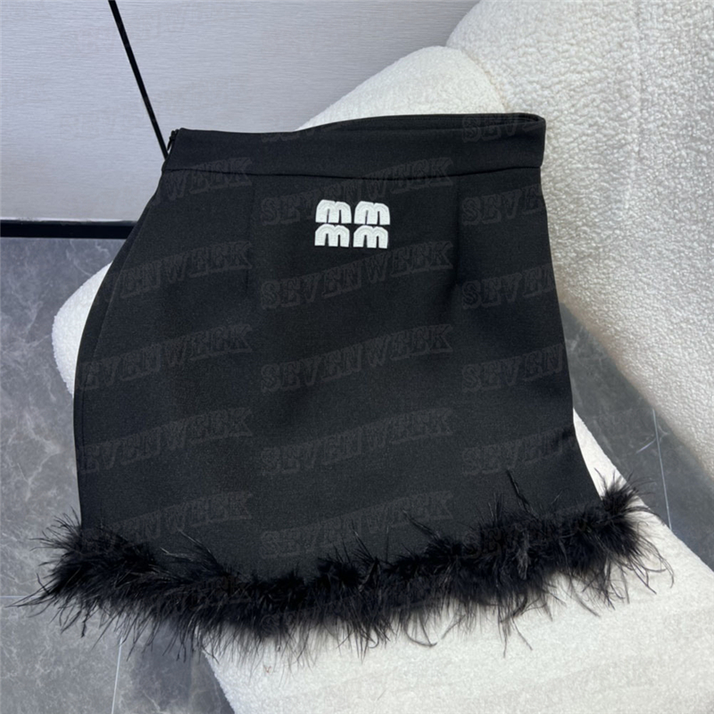 

Ostrich Hair Mini Skirts For Women Designer Letter High Waist Dress Fashion Brand Ladies Skirt Party, Black