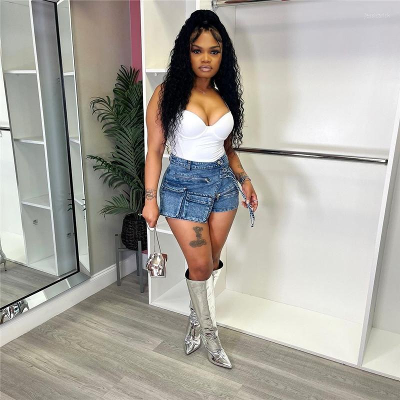 

Women' Shorts Fashion High Waist Stitching Pocket Denim In Summer Street Hip Hop Women' Printed Shorts, Blue