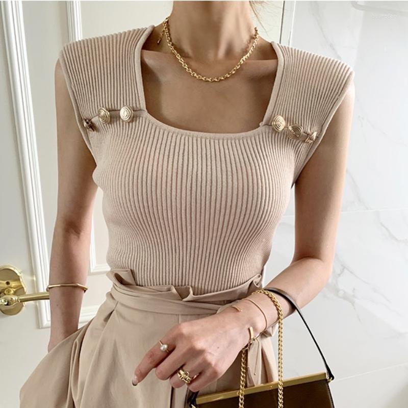 

Women's Tanks 2023 Women Summer Knitted Tank Tops Sleeveless Tshirts Metal Button Decoration Square Collar Elastic Slim Tees, Beige