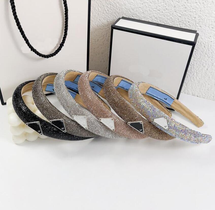 

High End Womens Elastic Headbands Hairpin Famous Women Inlaid Crystal Rhinestone Pure Cotton HairHoop Metal Triangle Mark Temperament Headband Hair Accessories