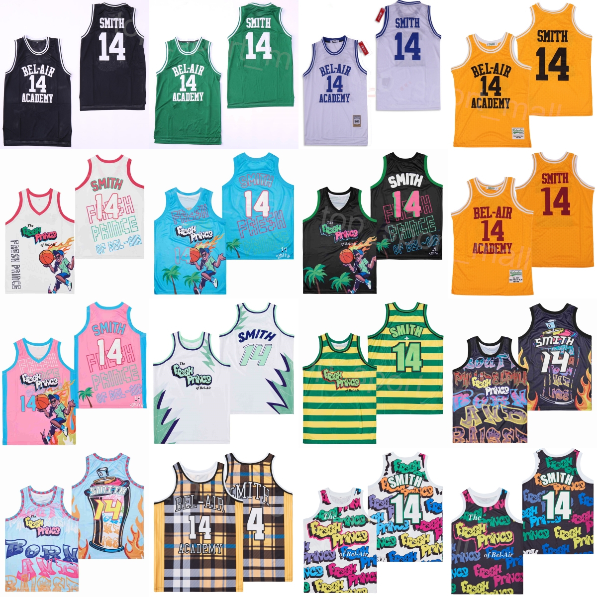 

Movie Basketball 14 Will Smith Jersey Film The Fresh Prince Jazzy Jeff OF BEL-AIR GRAFFITI ANNIVERSARY BELAIR Black White Yellow Red Green Pink Stitched Uniform