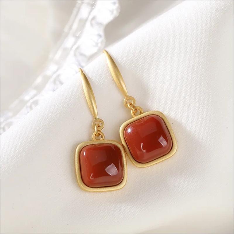 

Dangle Earrings Natural Hetian South Carnelian Square Long Chinese Style Retro Exquisite Luxury Charm Women's Jewelry