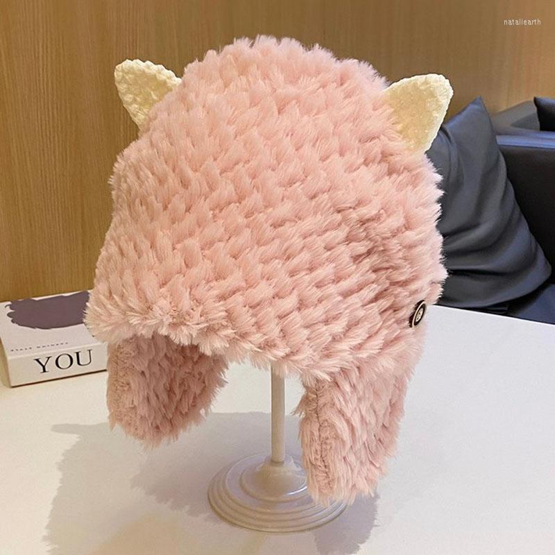 

Berets Winter 5 Colors Cute Horn Bomber Hats Women Plush Thick Warm Beanie Hat Outdoors Cycling All Match Earflap Caps 55-57cm, White